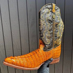 #66 Crocodile Pointed Elegant Western Boot with Orange/Butter/Black Detail